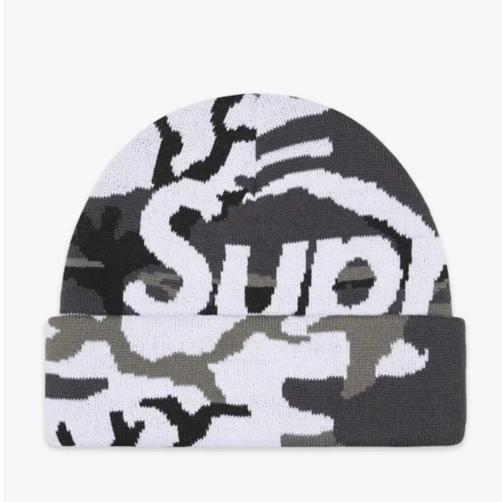 Supreme Big Logo Beanie Snow Camo FW20 Knit Cuffed Hat Gray White Black New